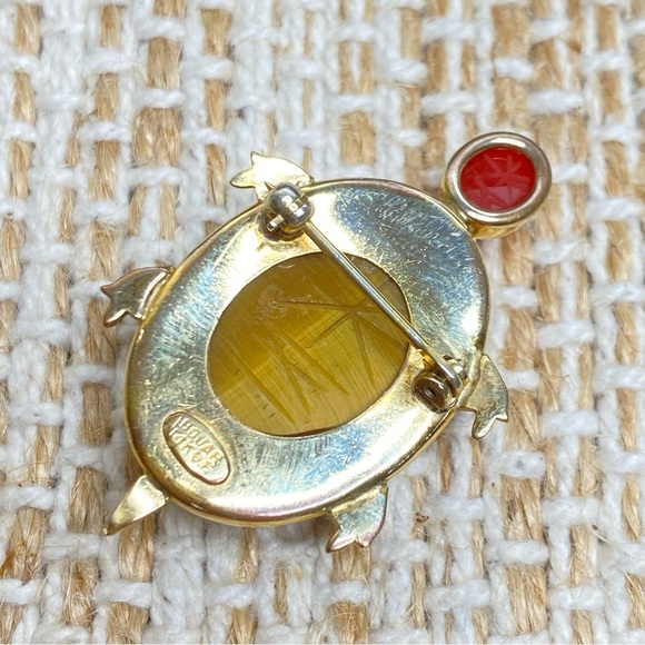 Vtg Brooch Turtle Signed 14k Gold Filled Bojar Scarabs Carved Terrapin Tiger Eye - Picture 6 of 9